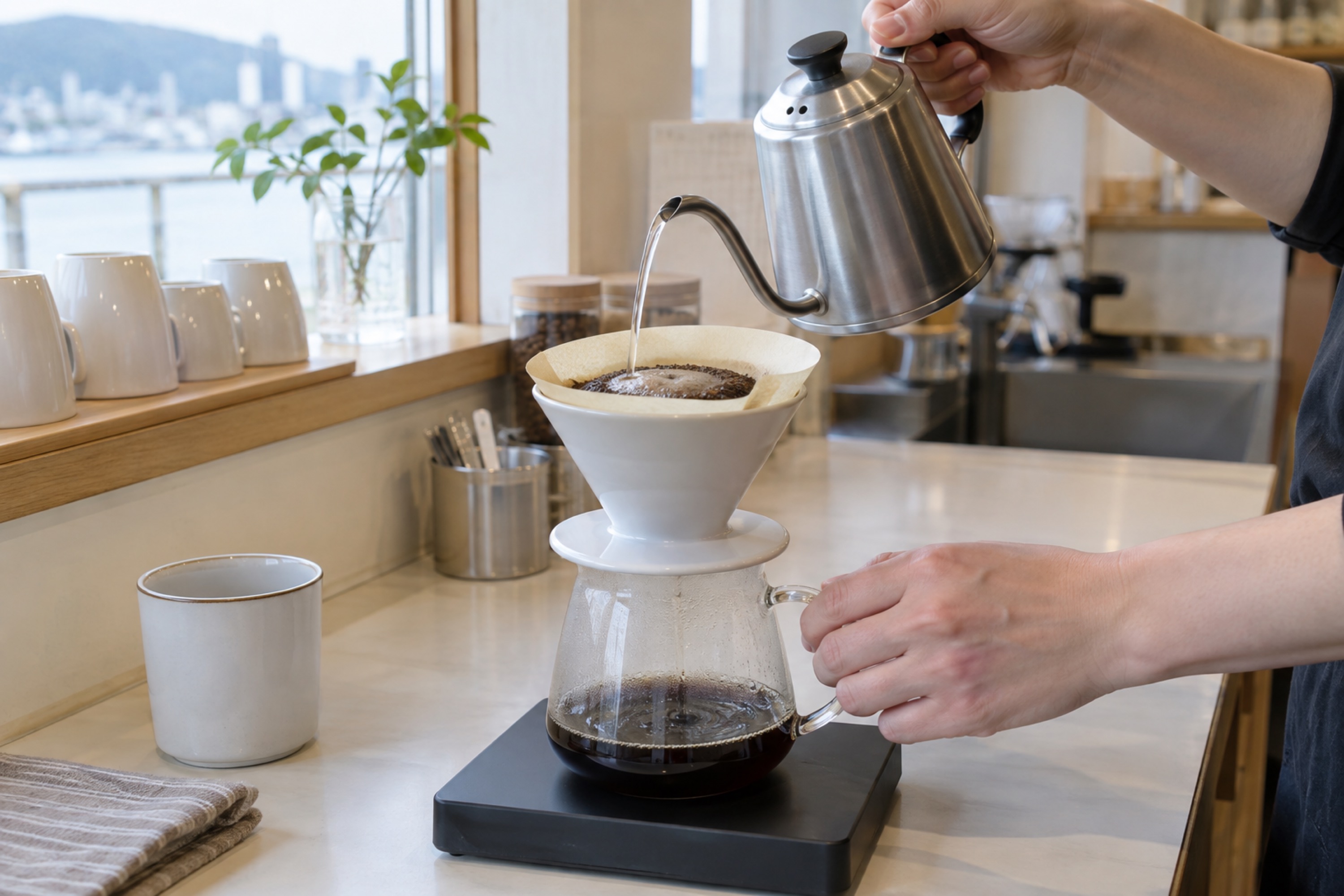 一杯ずつハンドドリップで珈琲を淹れているところ