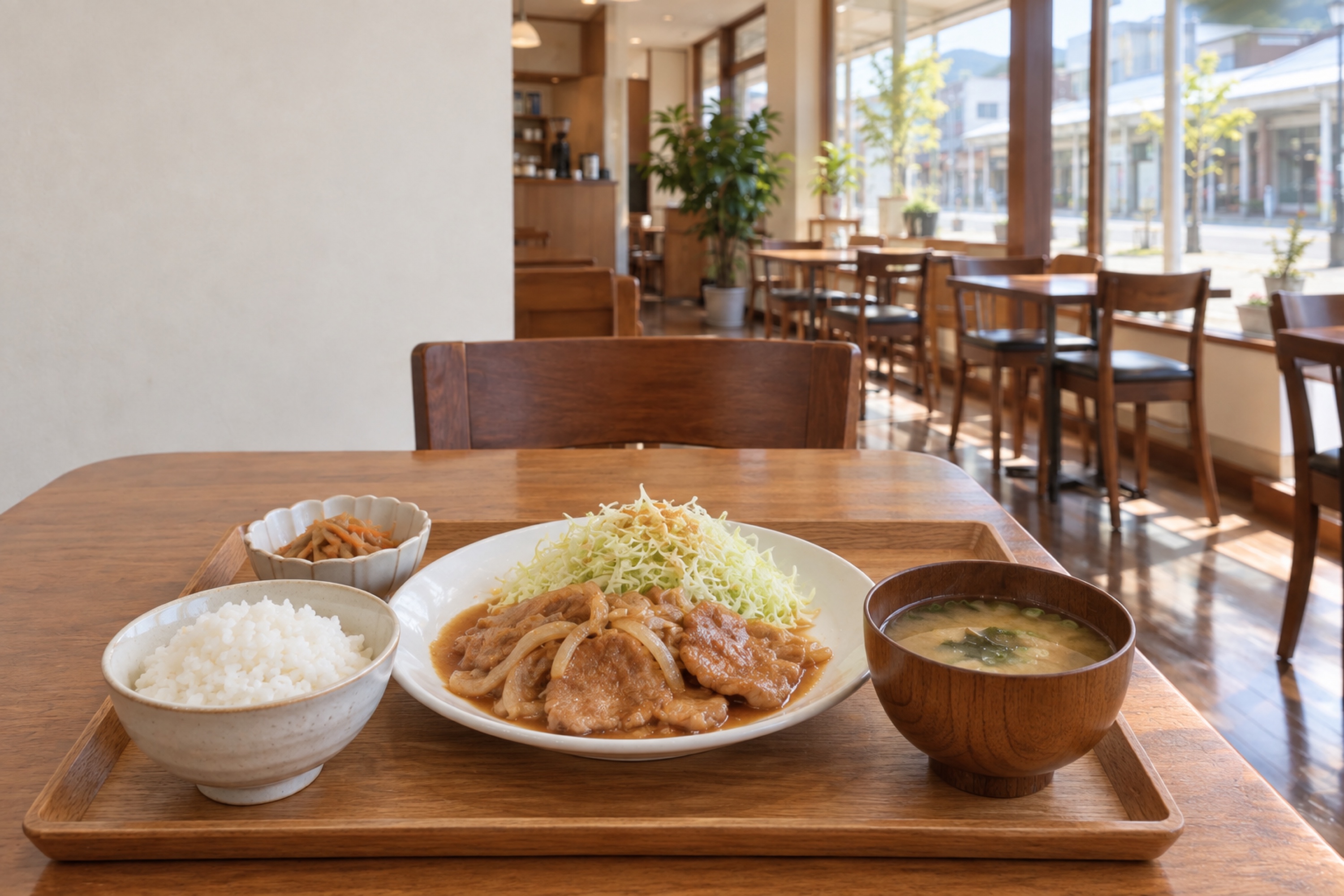 生姜焼きとごはん・味噌汁・小鉢の日替わりランチ
