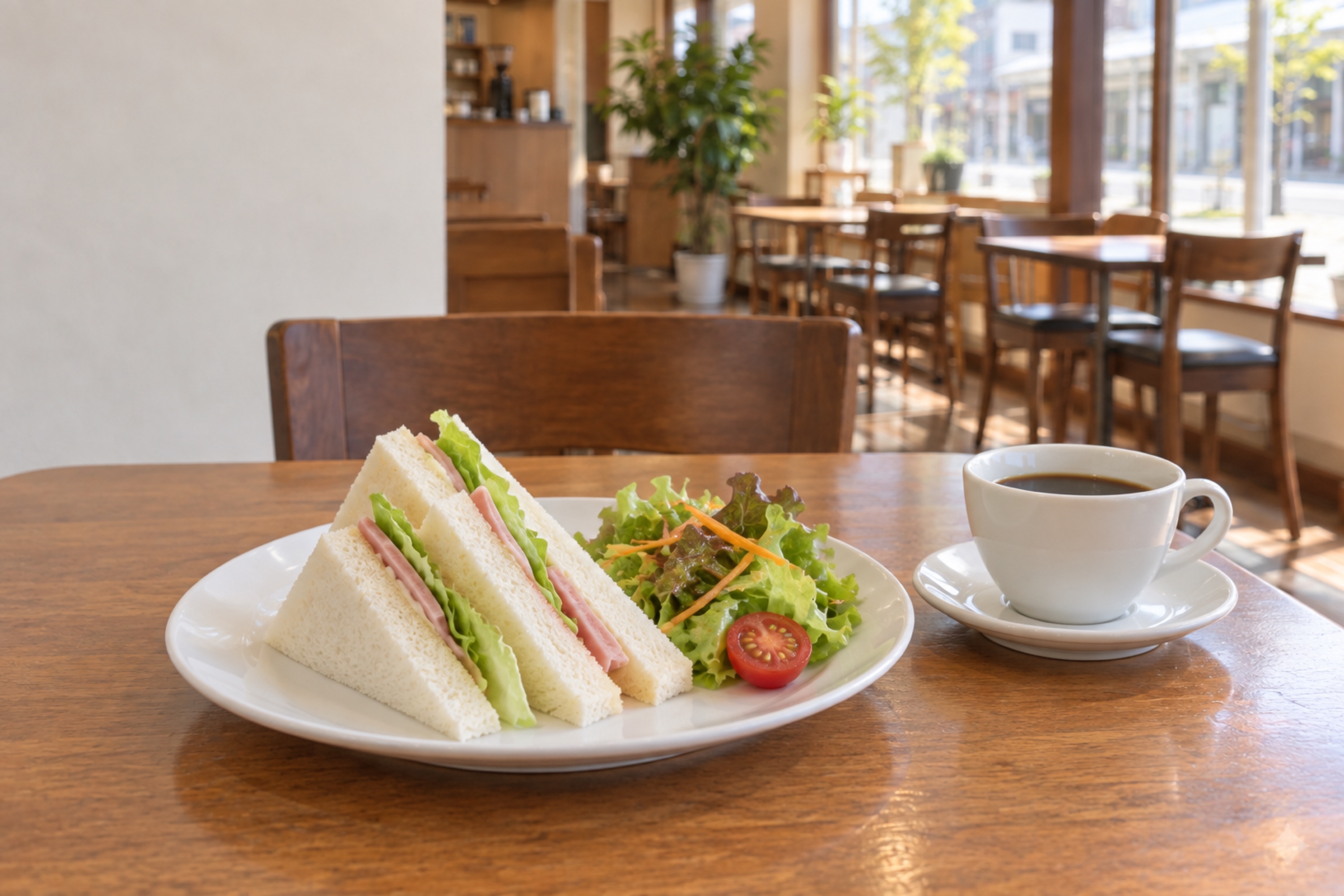 三角に切ったハムとレタスのトーストサンドとサラダ
