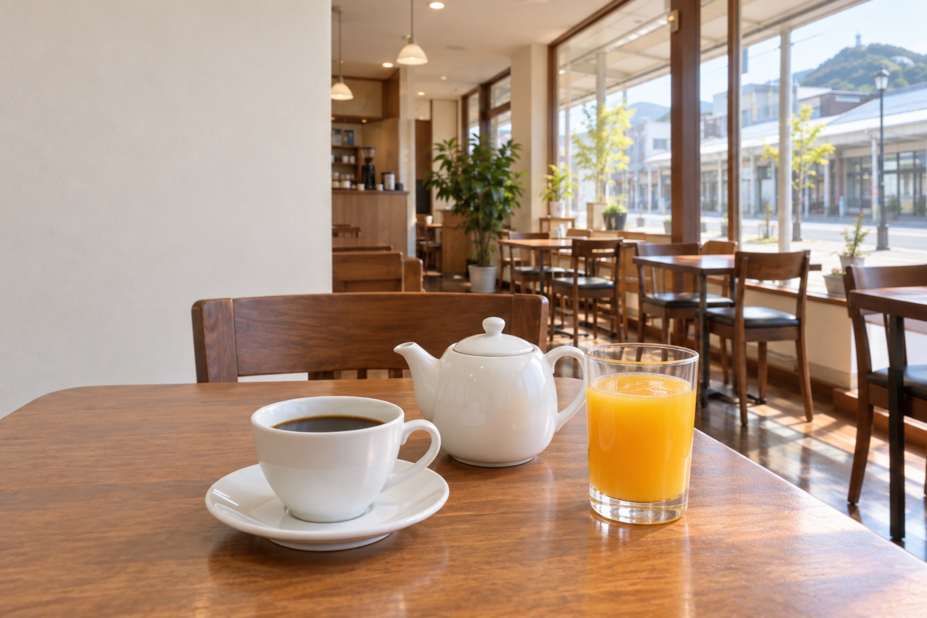白いカップの紅茶とポット、オレンジジュース