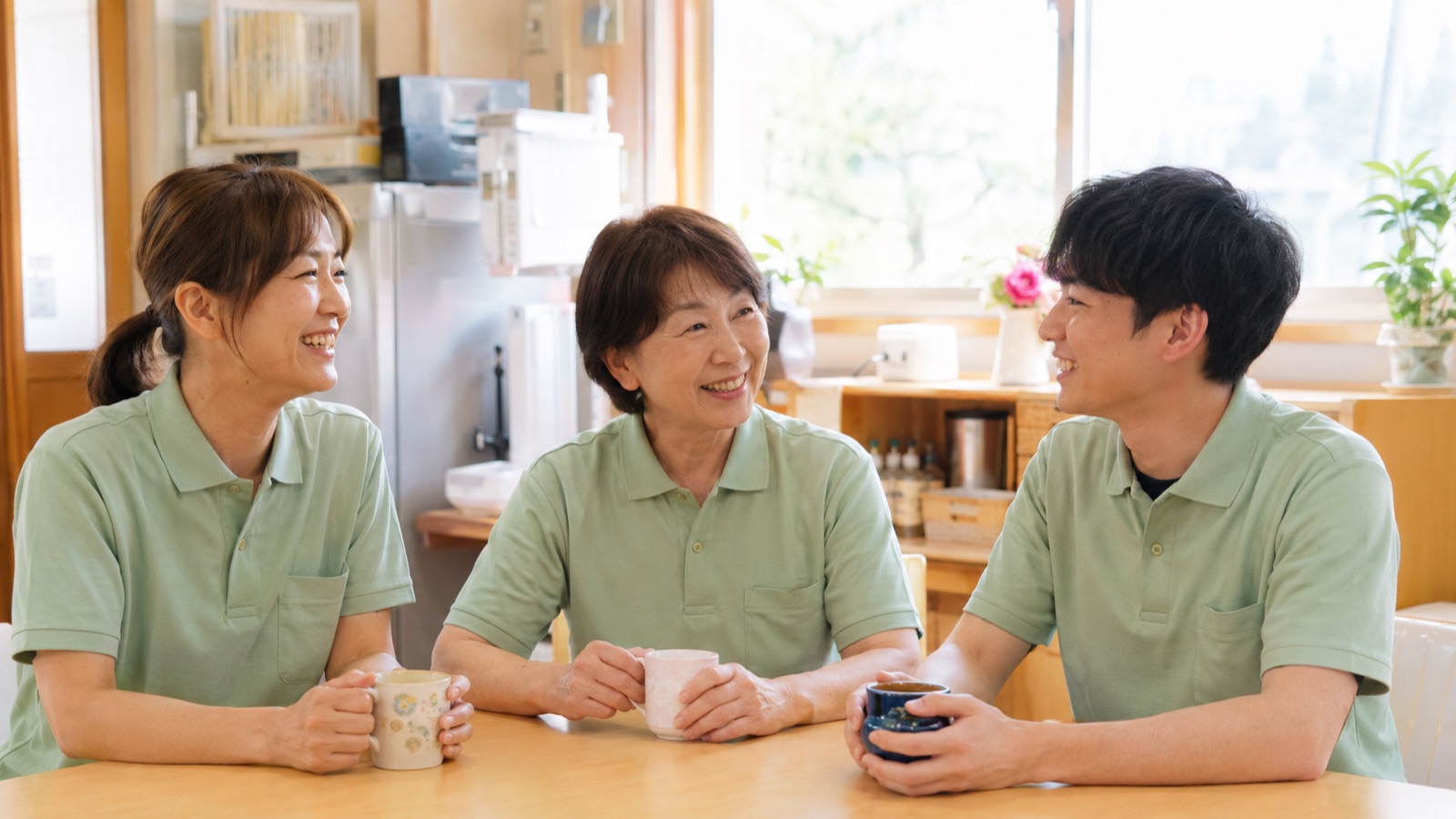 笑顔で並ぶデイサービスのスタッフ3人（イメージ）