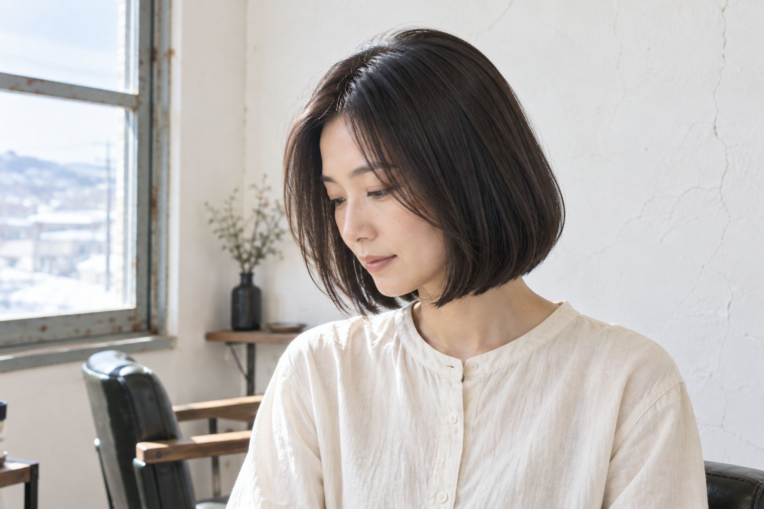 肩上の長さのボブを斜め前から