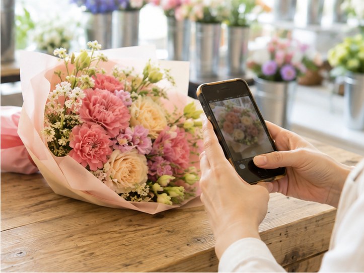 完成した花束をスマートフォンで撮影する様子