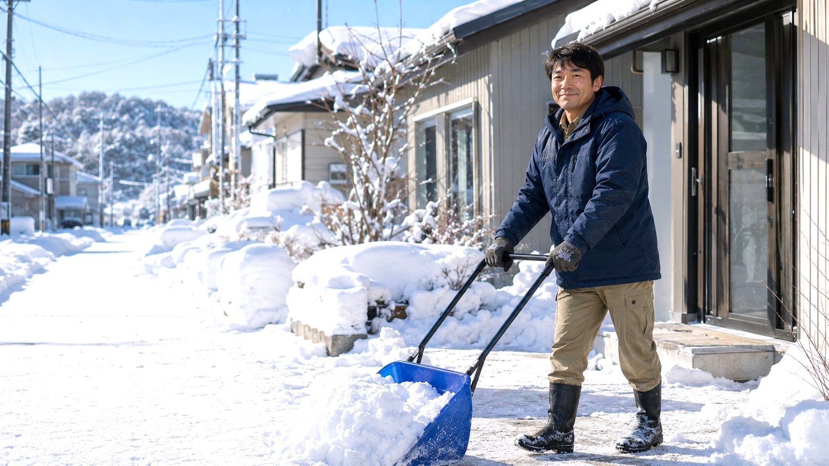 冬の玄関前で雪かきをする田中（架空の人物イメージ）