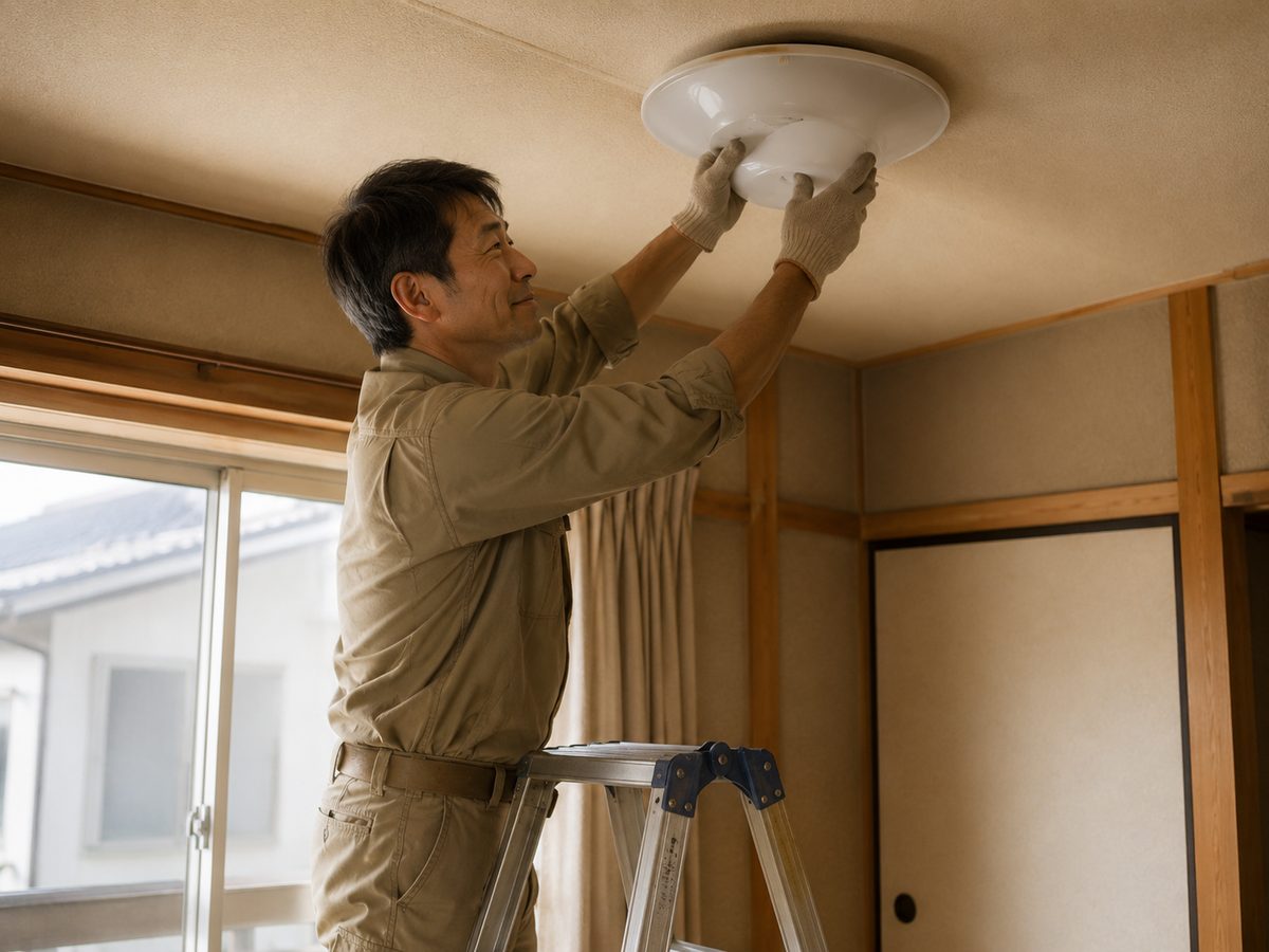 脚立に乗って天井の電球を交換している様子(イメージ)