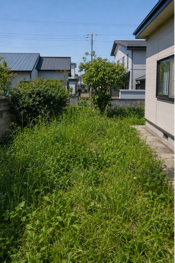 草が腰の高さまで伸びた作業前の庭(イメージ)