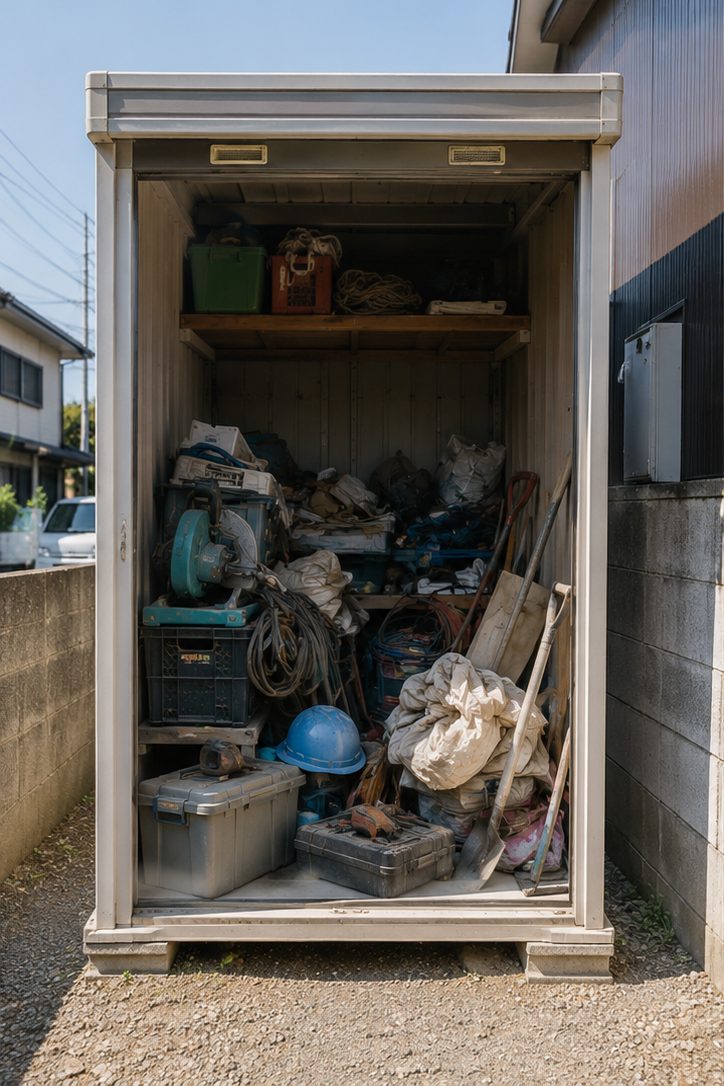 荷物がいっぱいになった作業前の物置(イメージ)