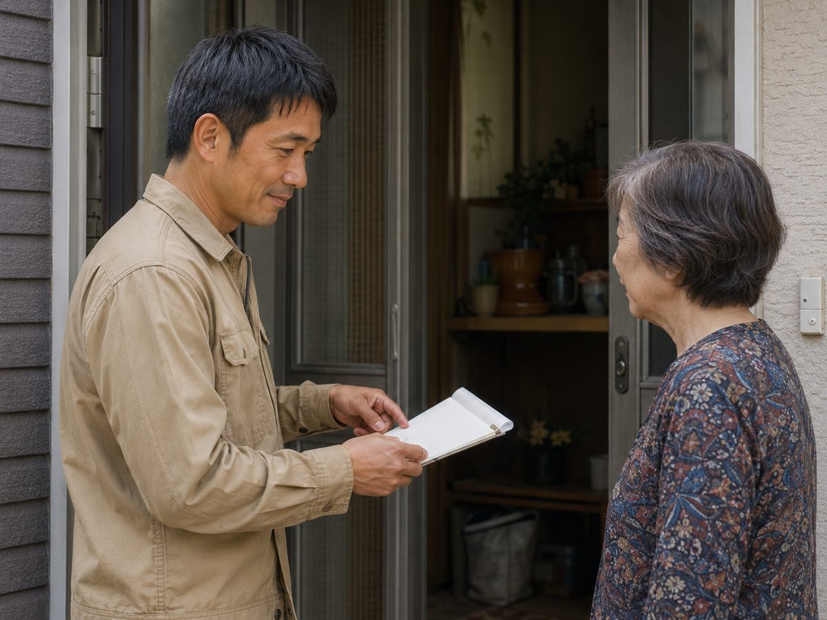 玄関先でお見積もりの説明をしている様子（イメージ）