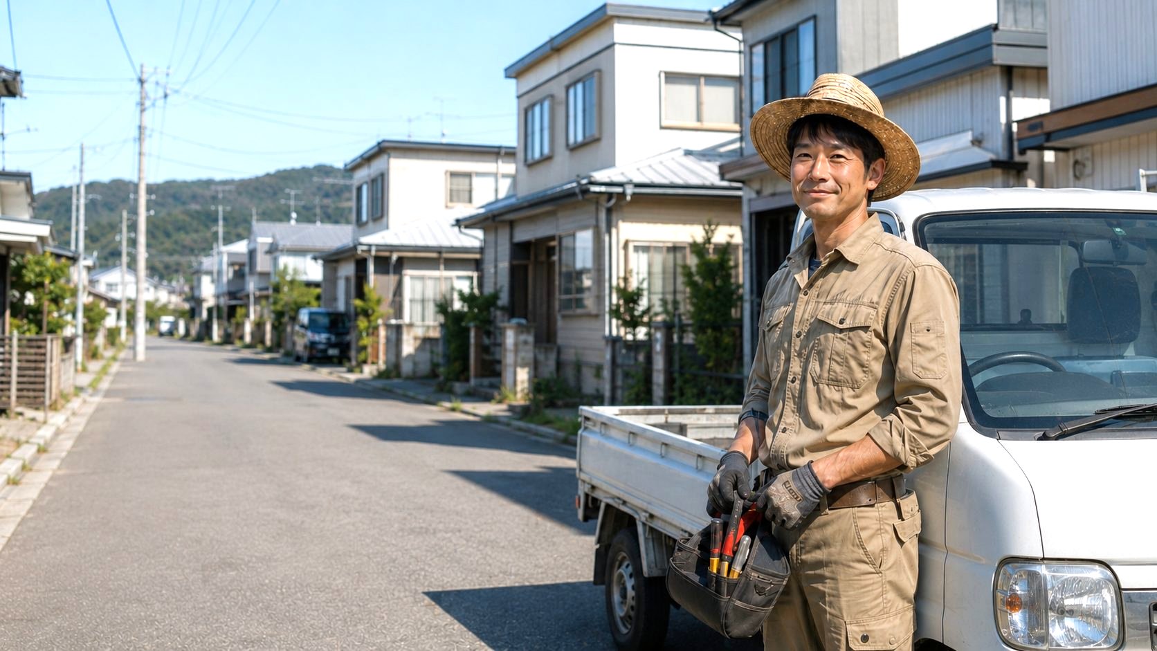 軽トラックの前で微笑む作業着姿の便利屋・田中（架空の人物イメージ）