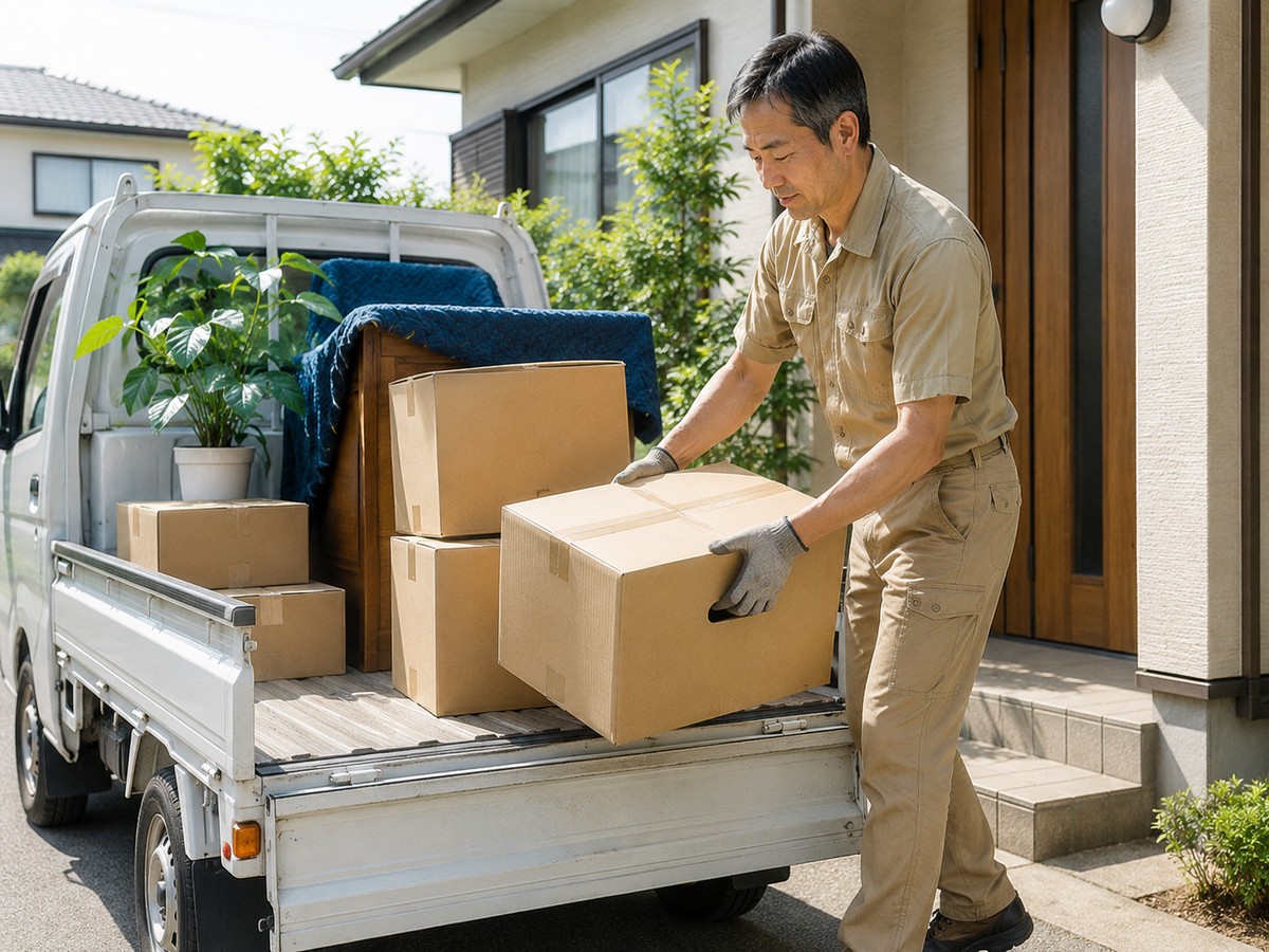 軽トラックに段ボールや家具を積み込んでいる様子(イメージ)