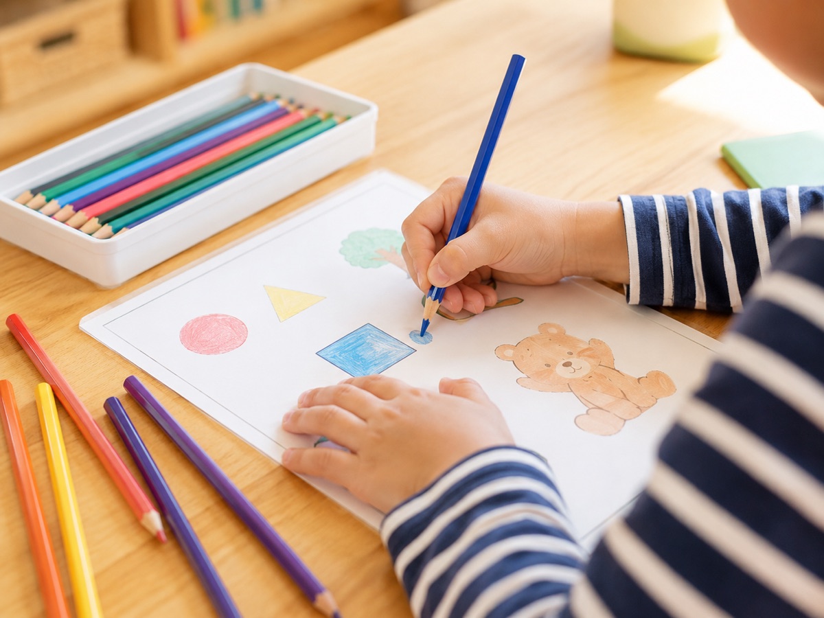 色鉛筆で課題プリントに取り組む子どもの手元