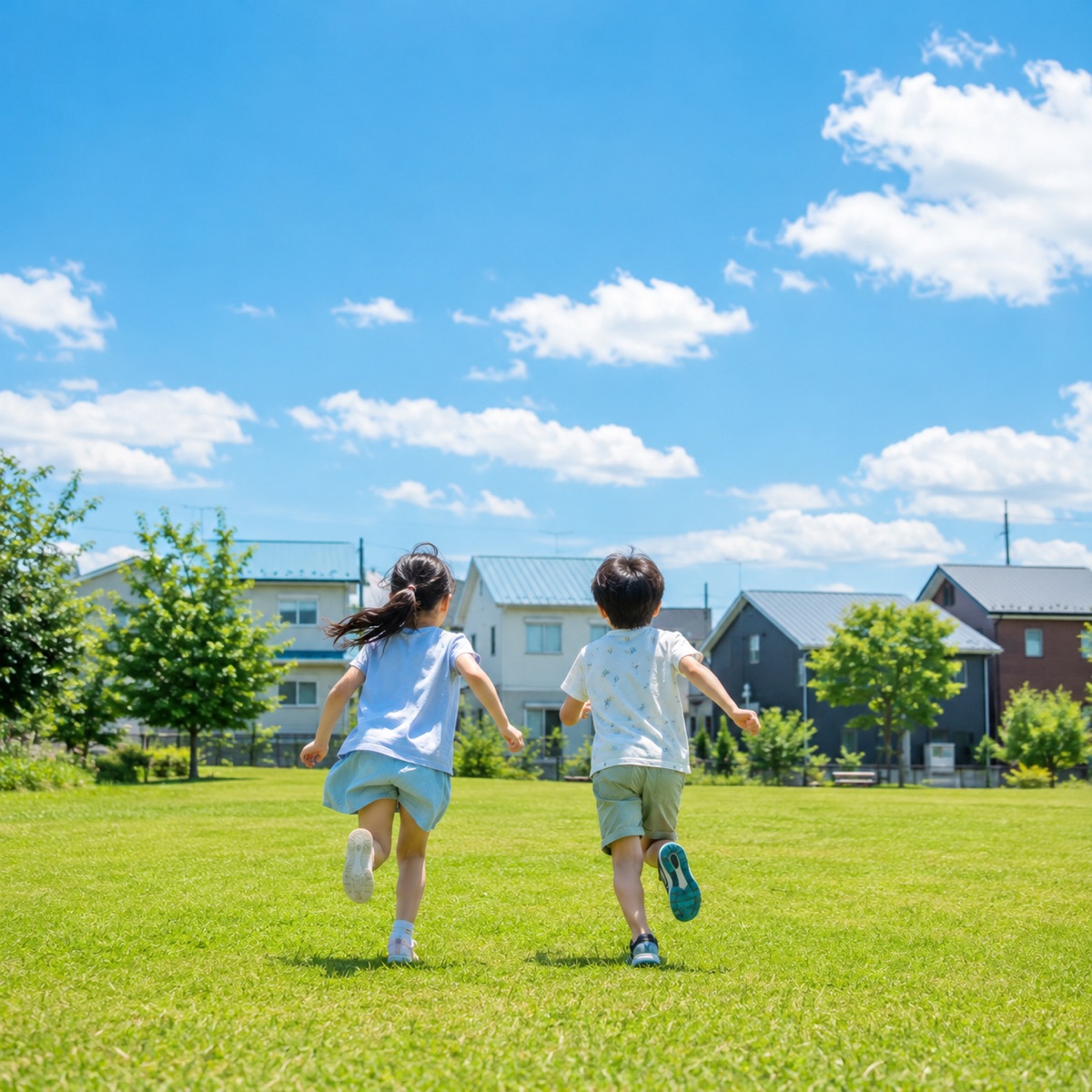公園の芝生を走る子どもたち