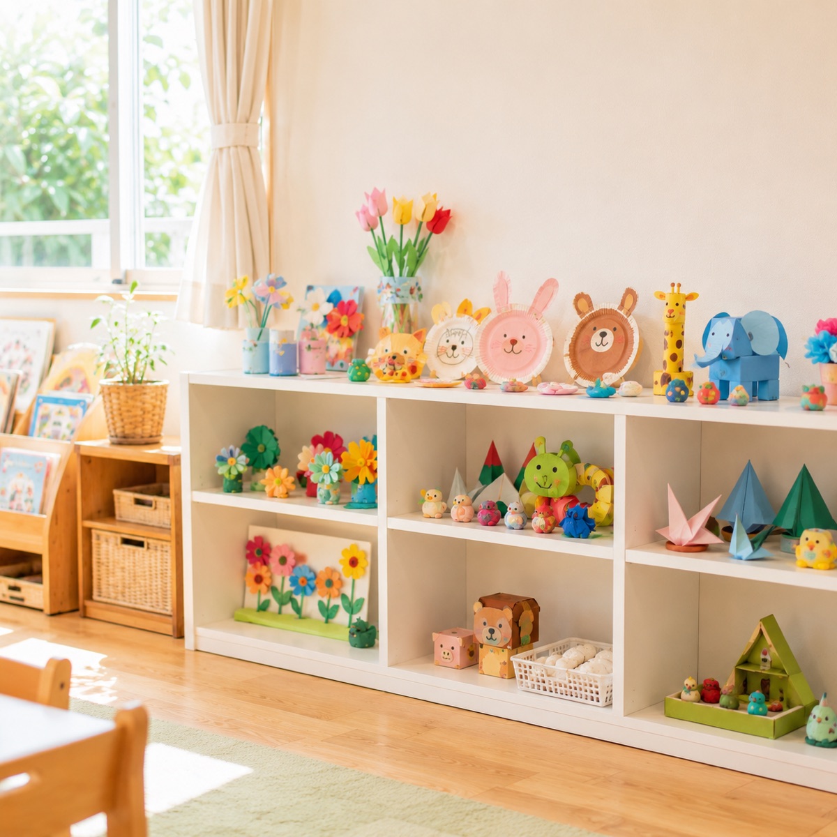 子どもたちの工作作品が並ぶ棚
