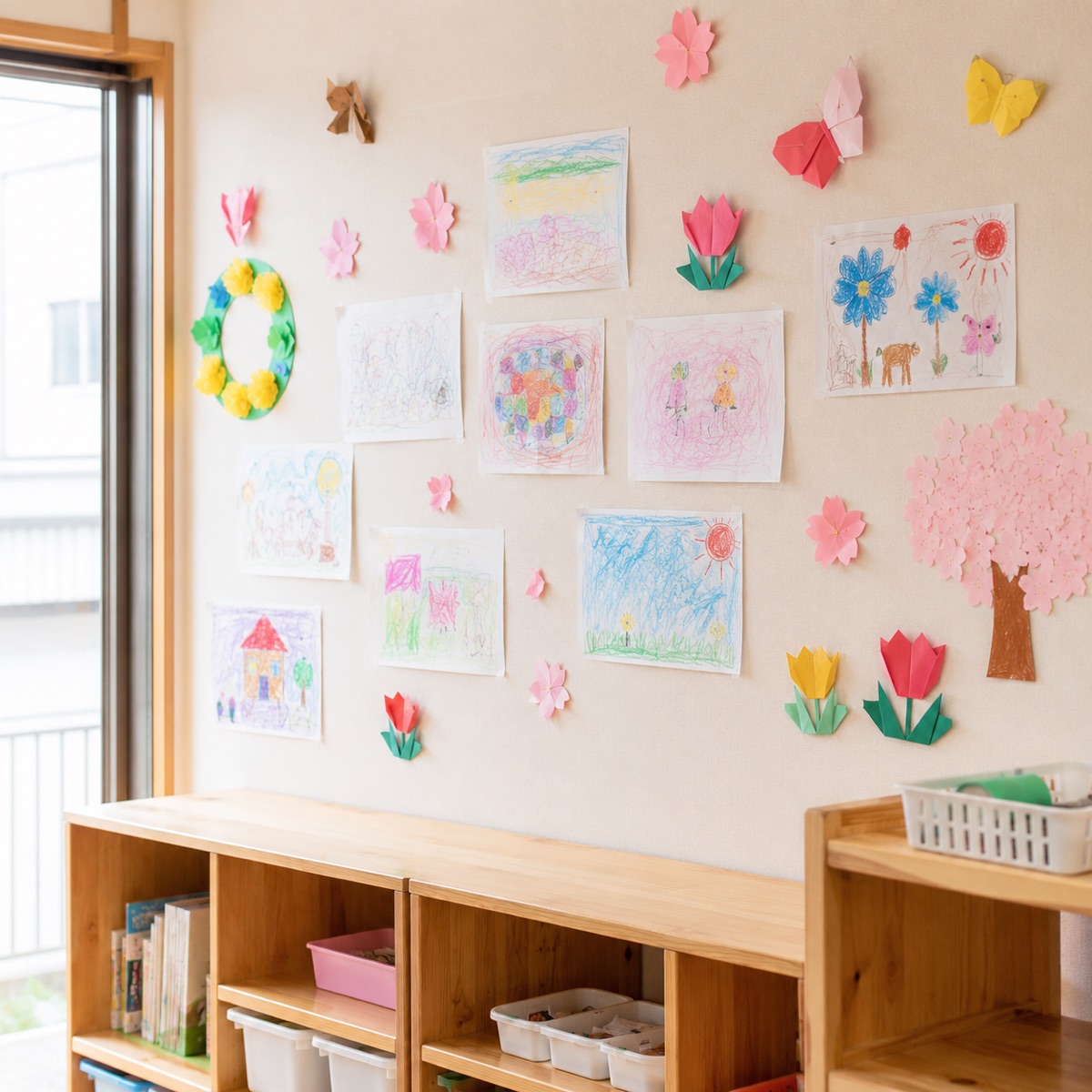 子どもたちの作品が飾られた壁