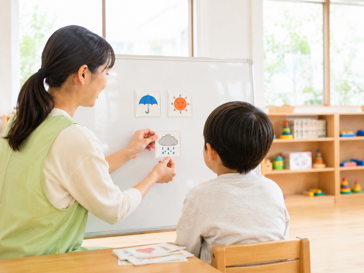 絵カードを使った個別療育の様子