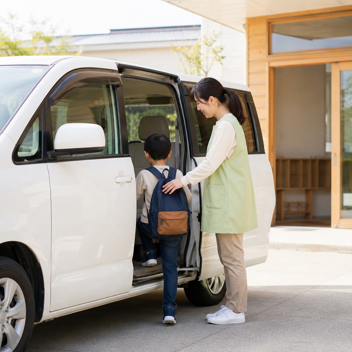 送迎車に乗り込む子どもたちとスタッフ
