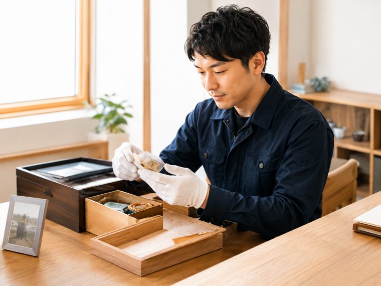 思い出の品をていねいに扱う様子