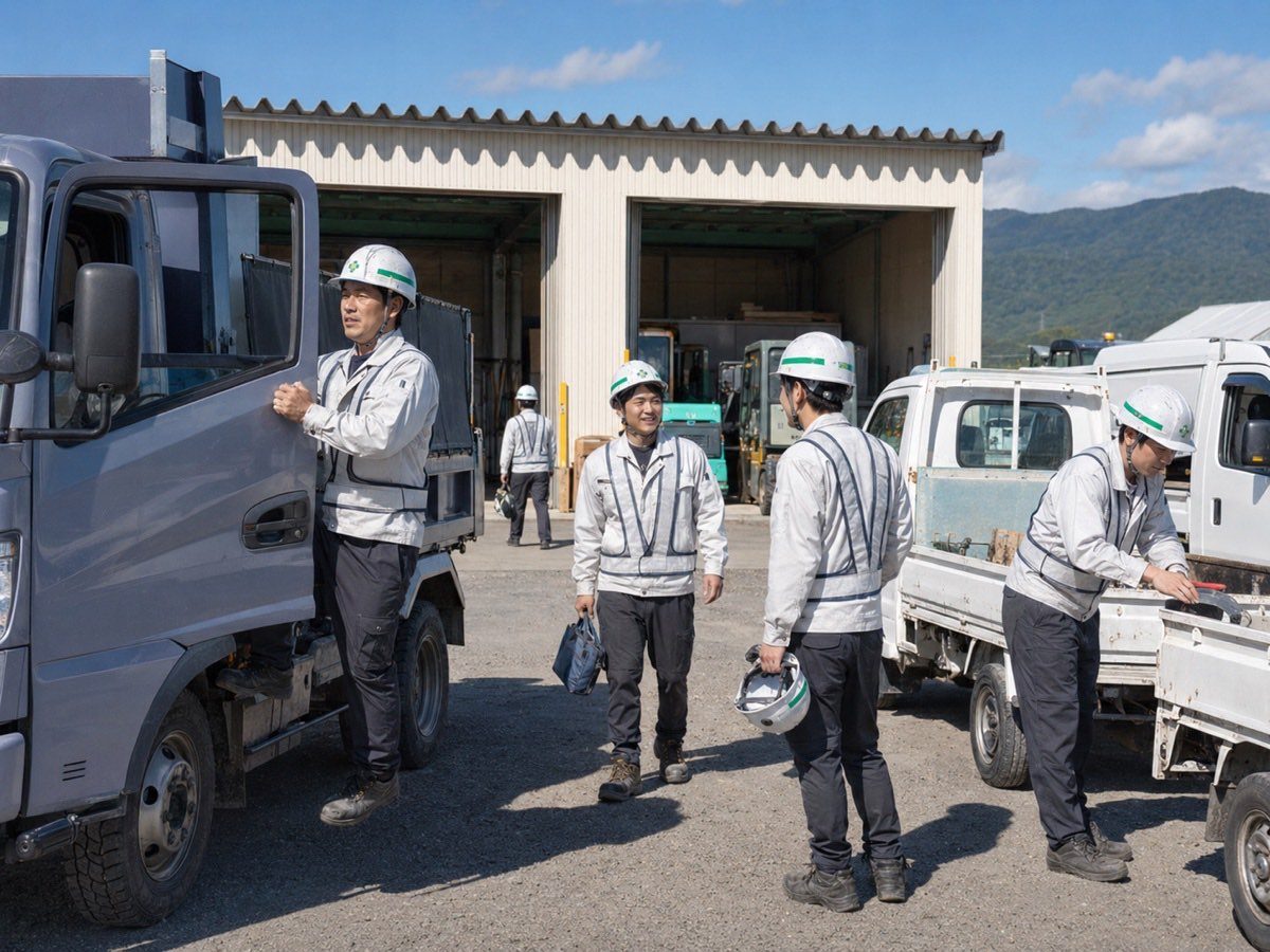早朝、会社の車庫前でトラックに乗り込む様子（イメージ）