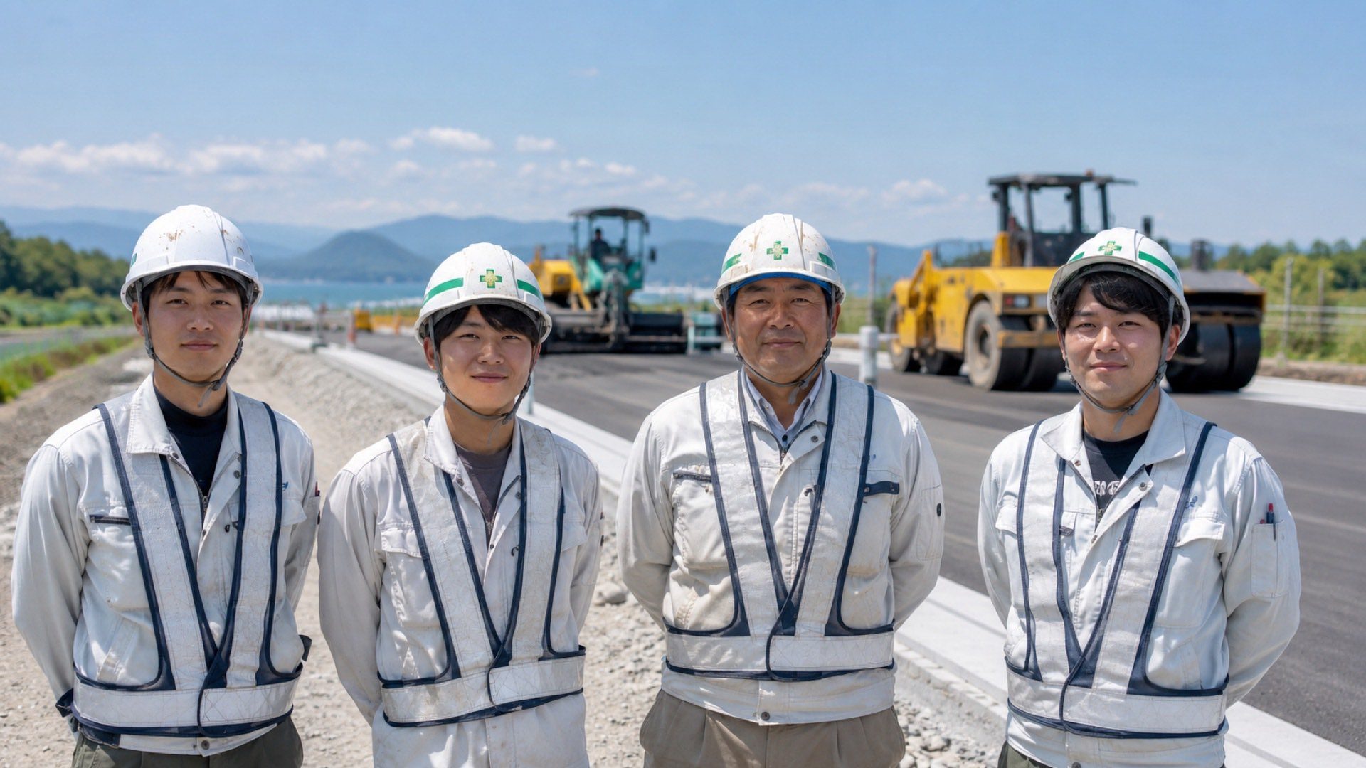 現場監督と若手作業員が道路工事現場の前に並ぶ様子（イメージ）
