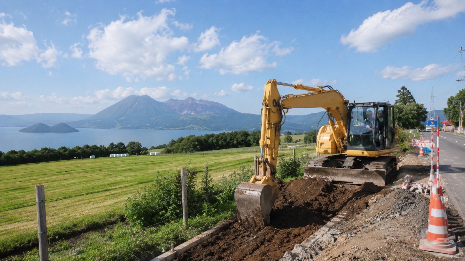 湖と山を背景に稼働する油圧ショベル（イメージ）