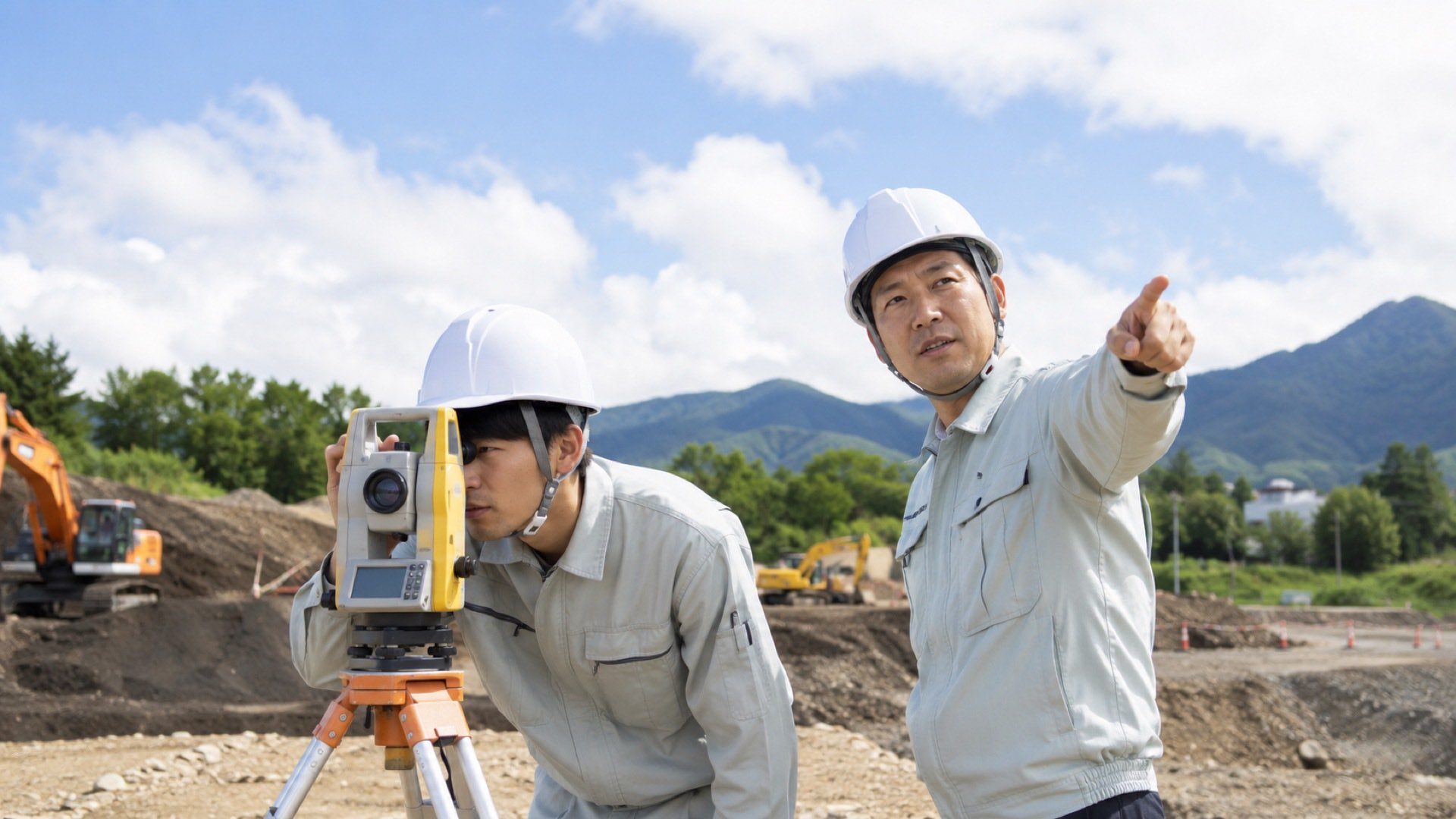 測量器を覗く若手と指導する先輩（イメージ）