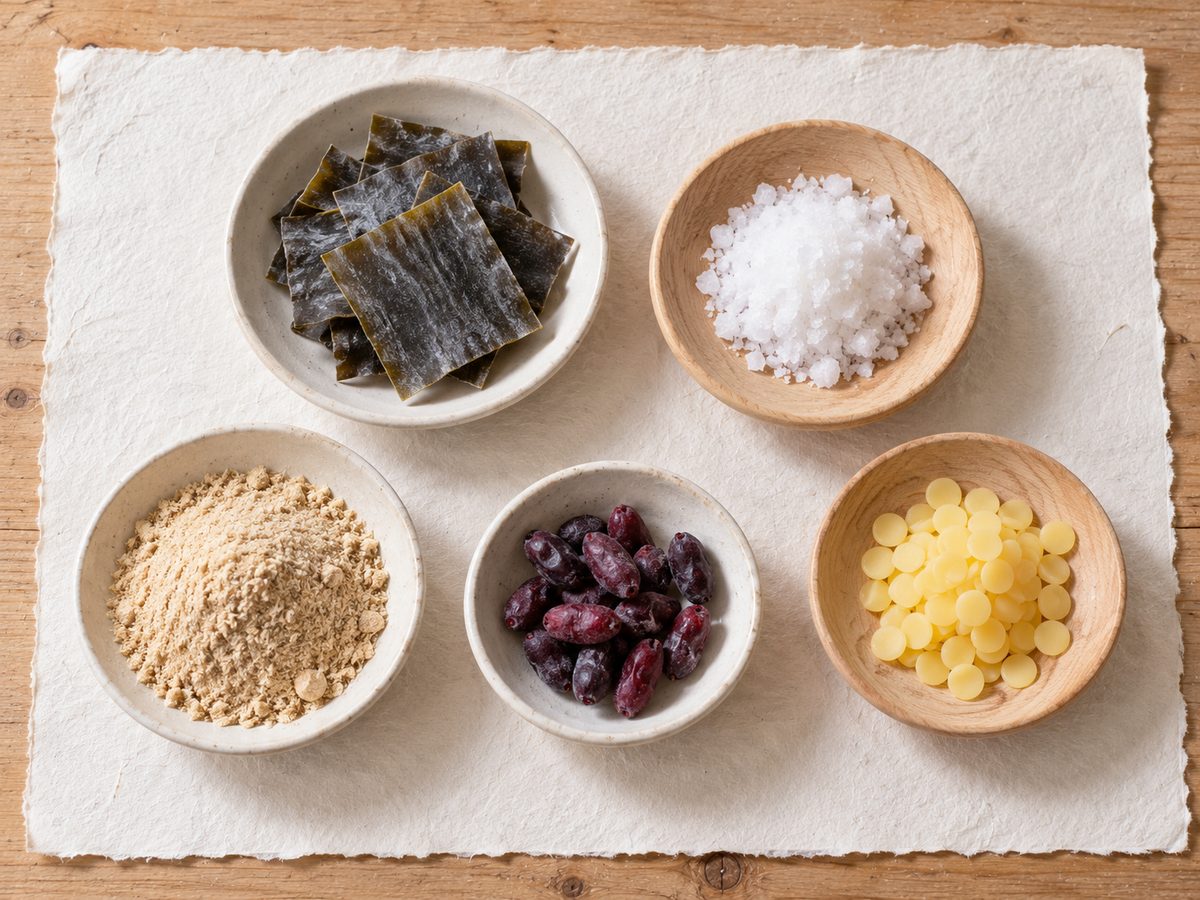 白い紙の上に並べた昆布・海塩・米ぬか・ハスカップ・蜜蝋（掲載イメージ）