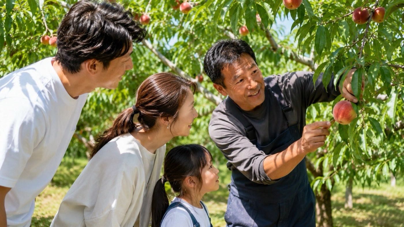 園主がくだものの採り方を教える様子（イメージ）