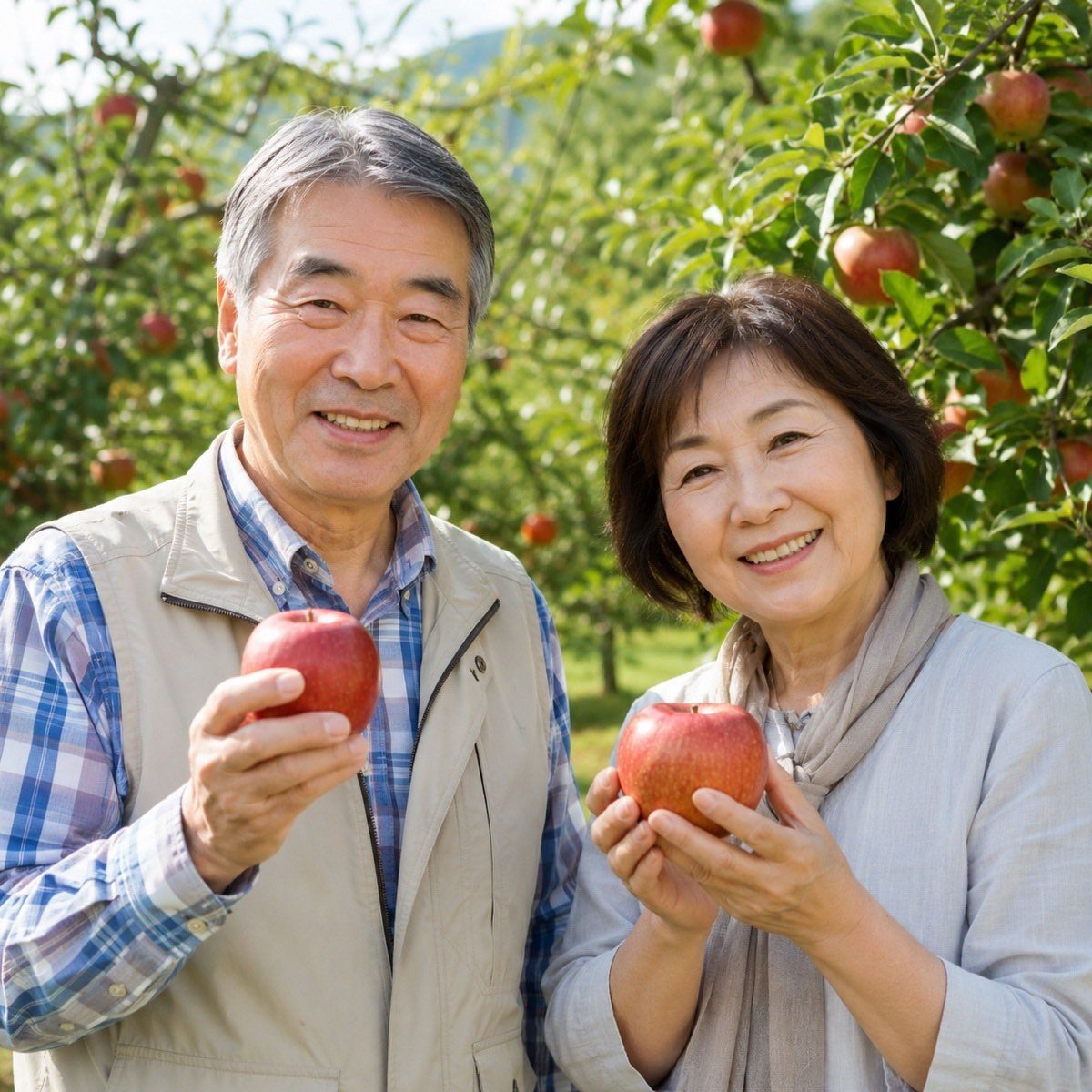 りんごを手にしたシニアのご夫婦（イメージ）