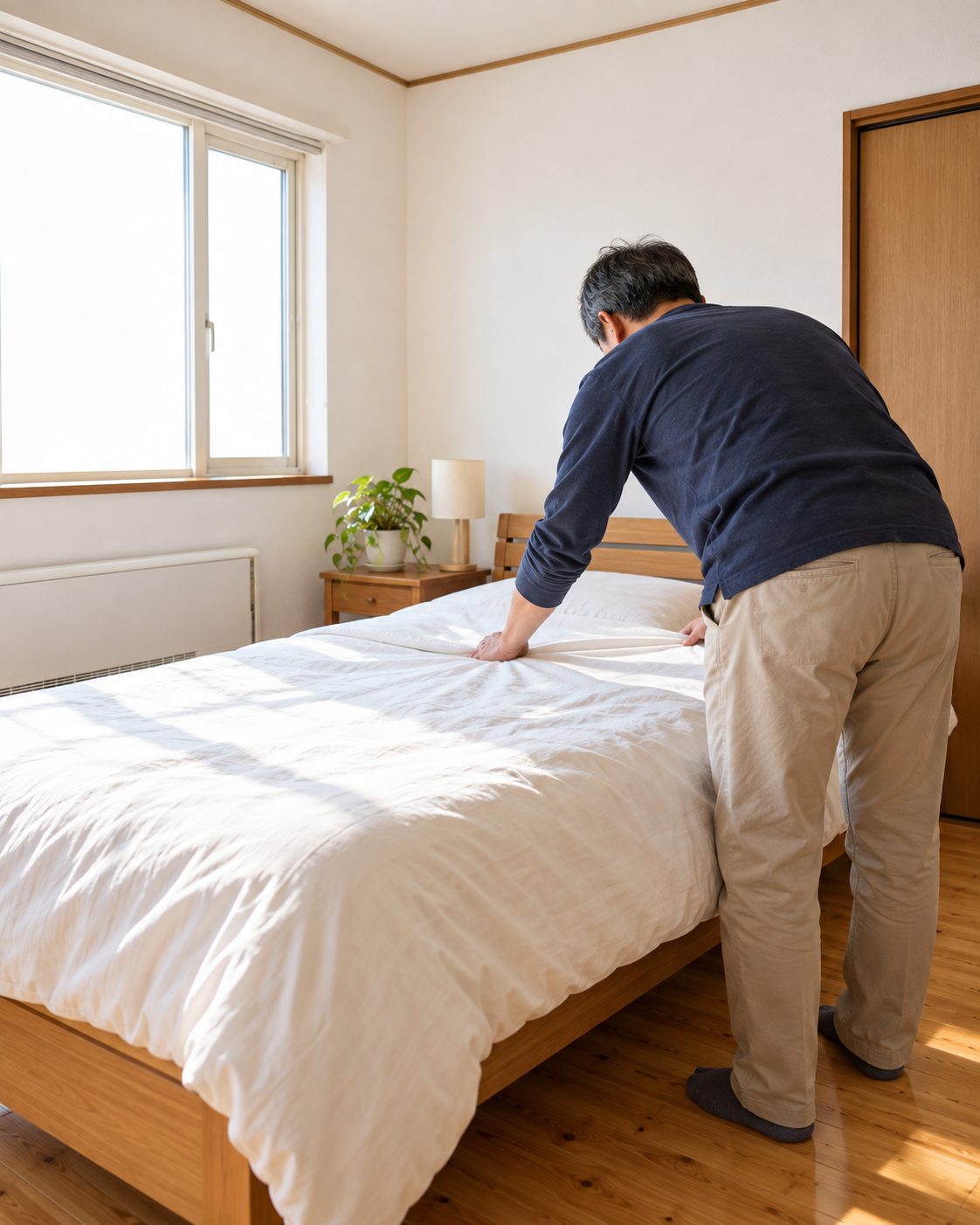 寝室でベッドのシーツを整えるホストの後ろ姿
