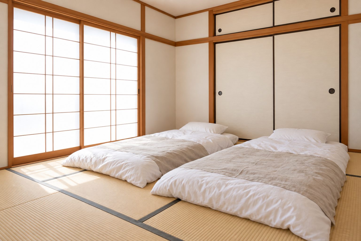 布団が2組敷かれた6畳の和室