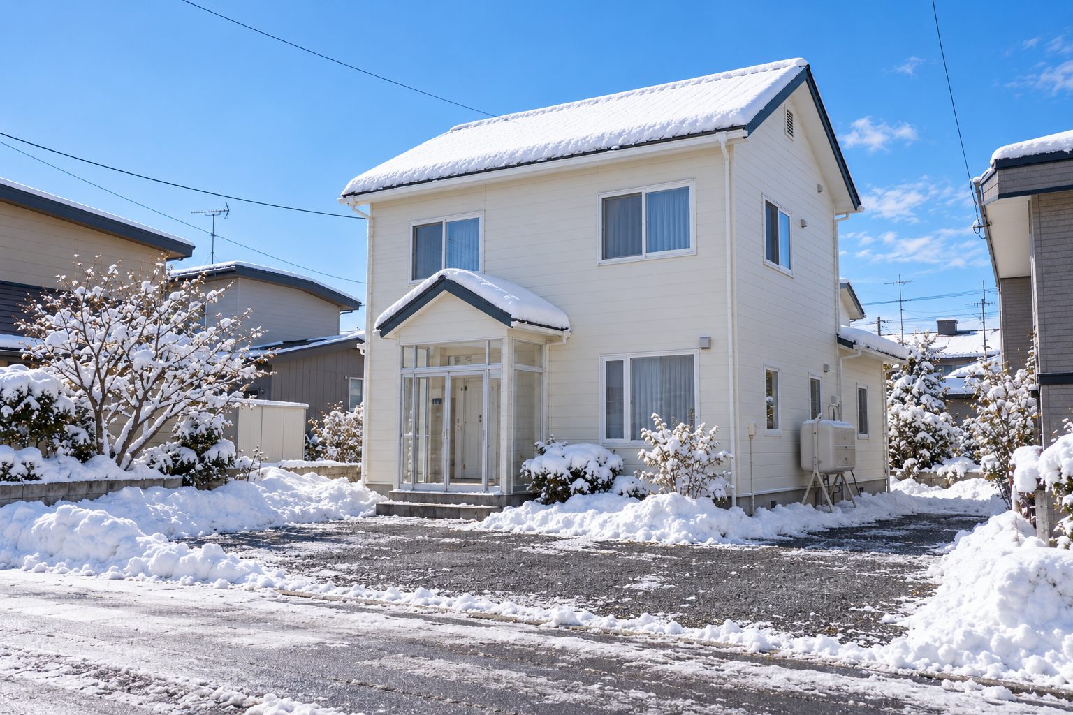 屋根に雪が積もり、駐車スペースが除雪された冬の外観