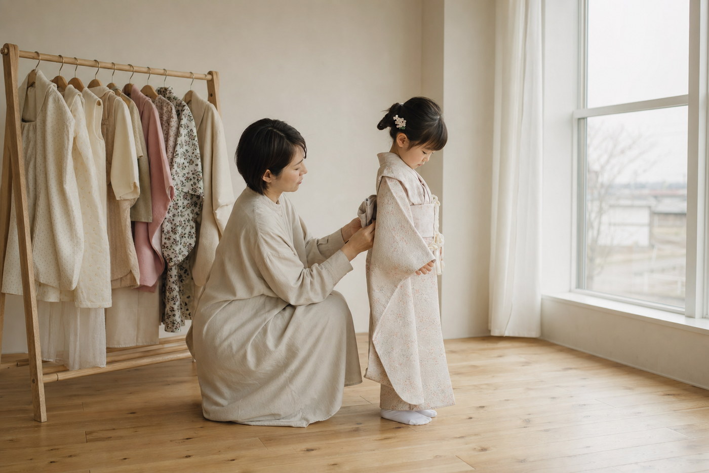 衣装ラックの前で子どもの帯を整える母親（掲載イメージ）