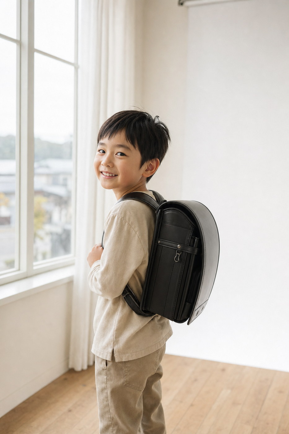 ランドセルを背負って窓辺で振り返る男の子（掲載イメージ）