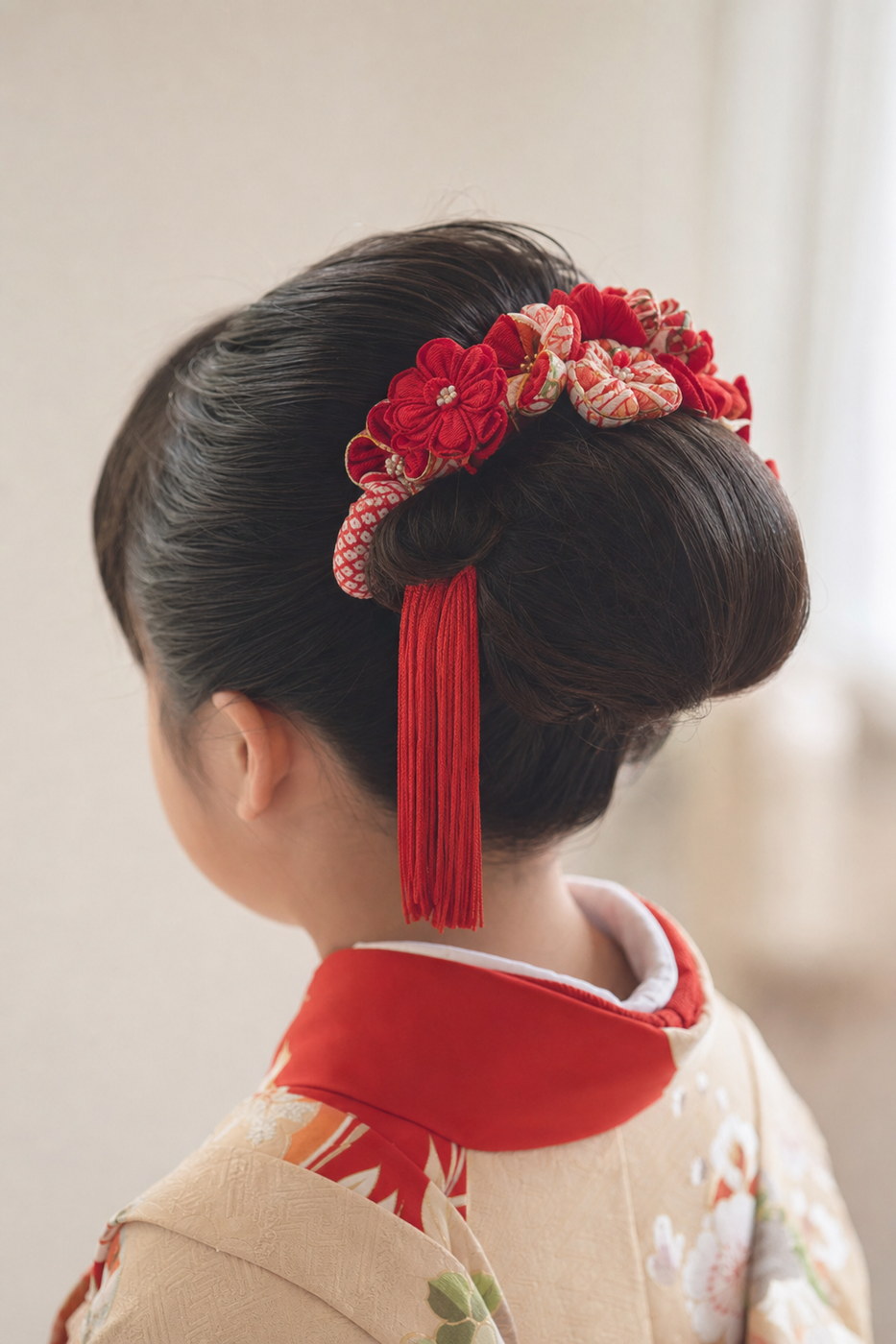 結い上げた髪と赤い髪飾りの後ろ姿（掲載イメージ）