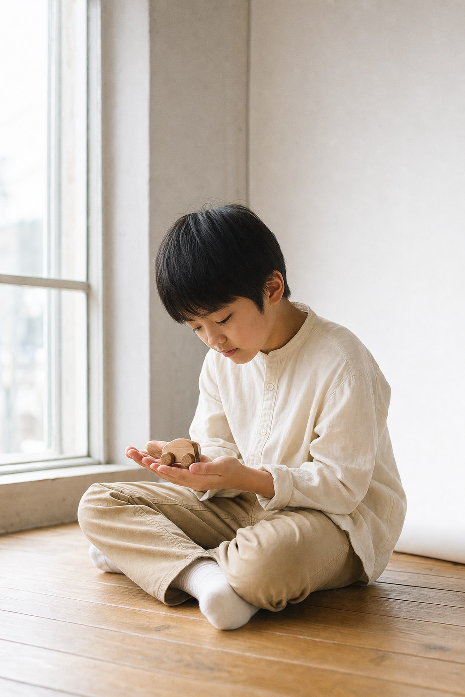 窓辺で木のおもちゃを見つめる男の子（掲載イメージ）