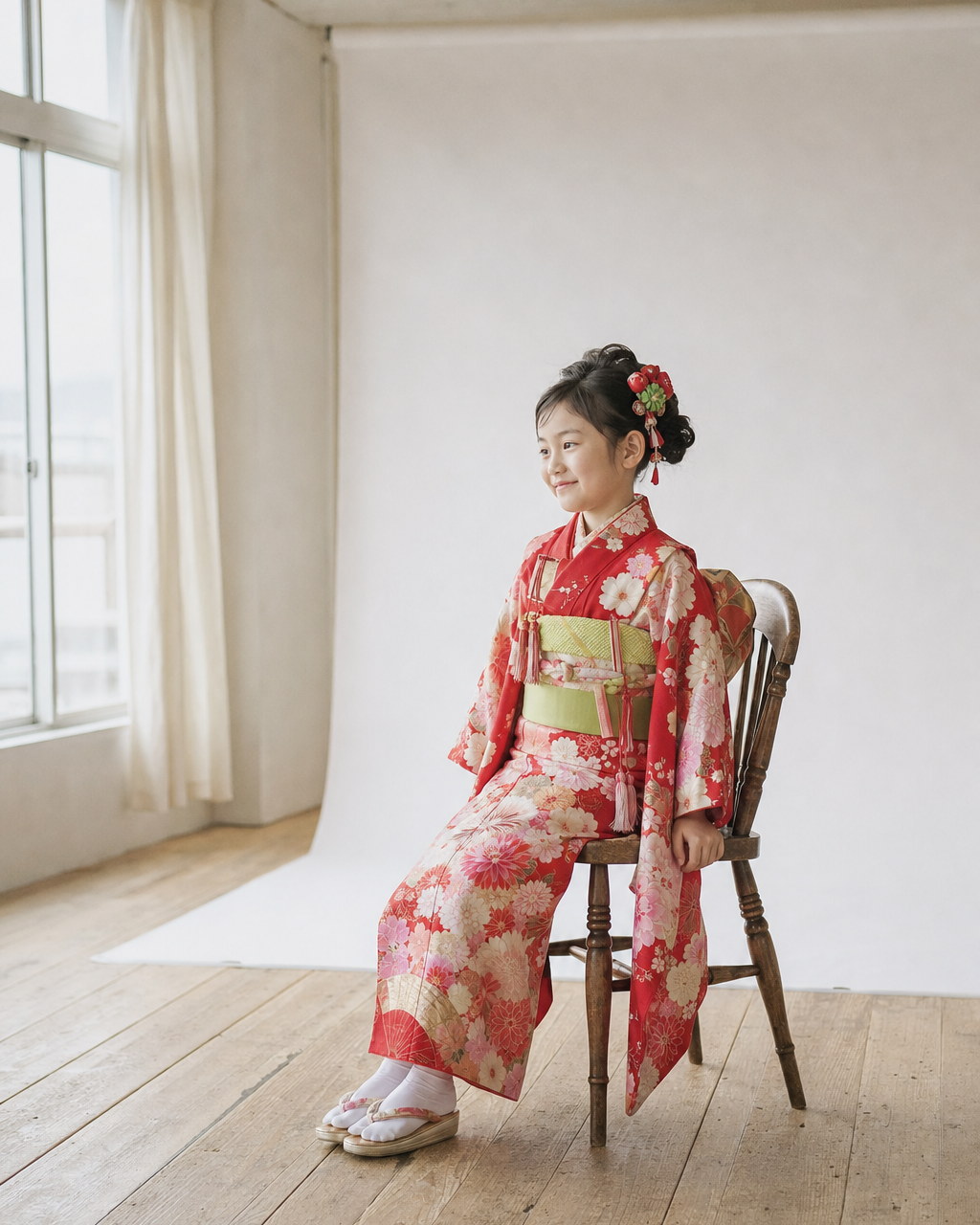 着物姿で木の椅子に腰かける女の子（掲載イメージ）