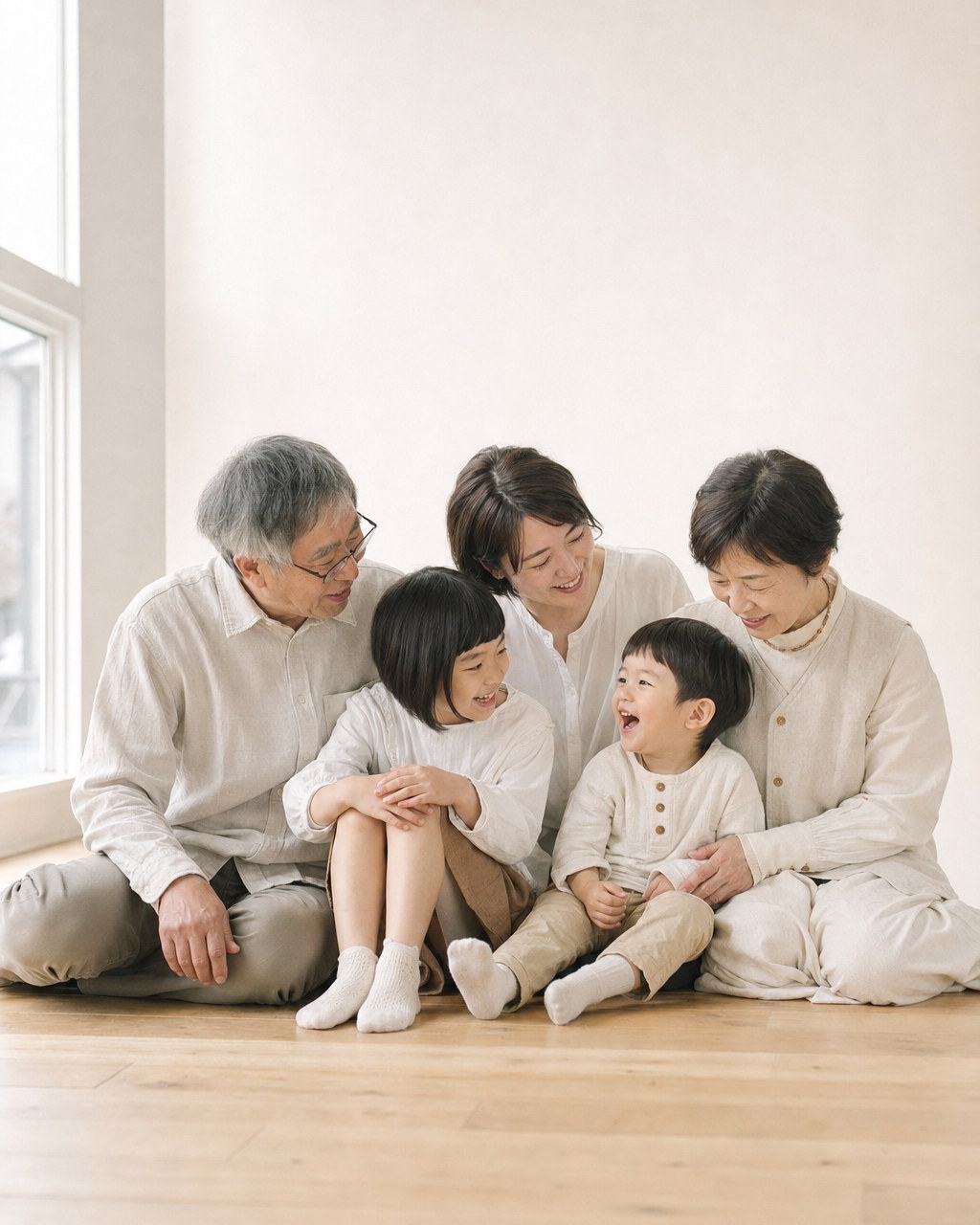 祖父母と両親と子どもたちが寄り集まって座る家族写真（掲載イメージ）