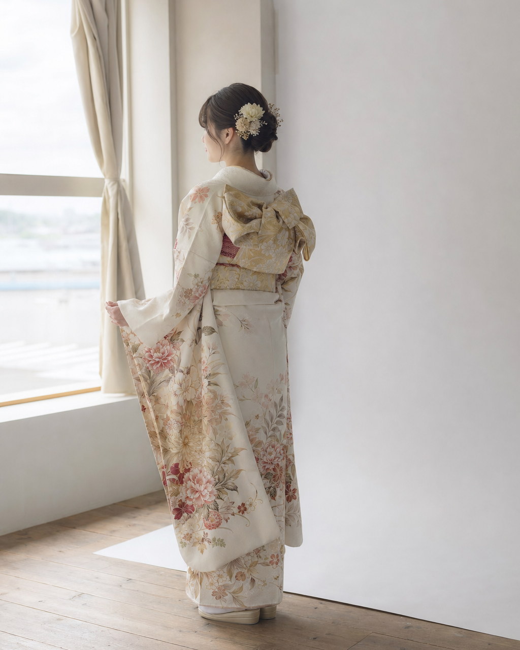 振袖姿で窓のほうを向いて立つ女性の後ろ姿（掲載イメージ）