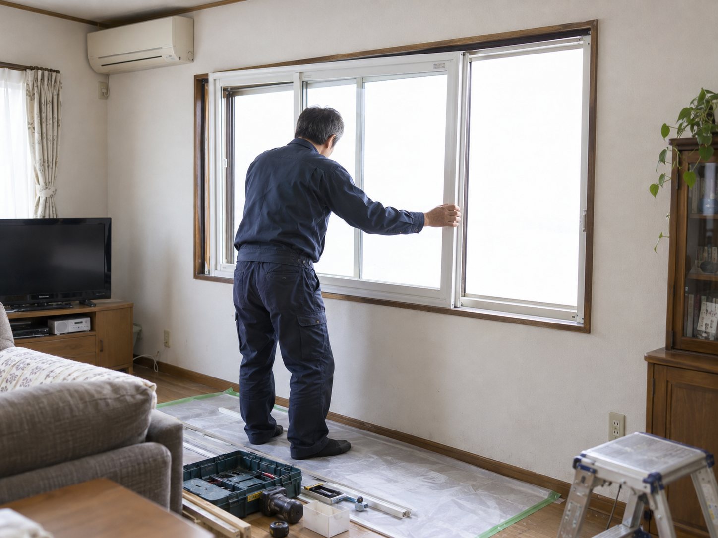 居間の窓の内側に、白い枠の内窓を取り付ける職人