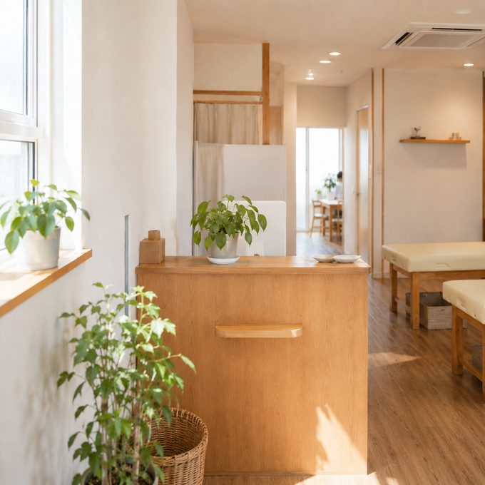 朝の光が差す院内の受付まわり
