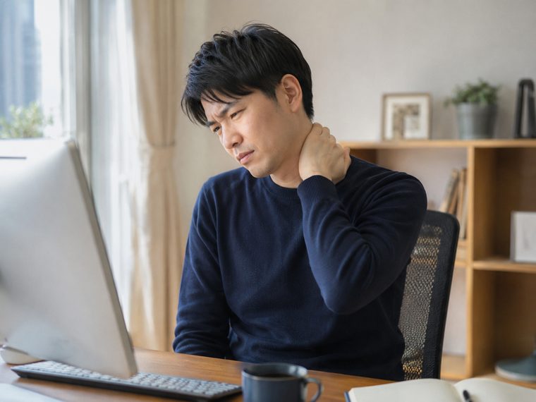 デスクワークで首の後ろを押さえる男性