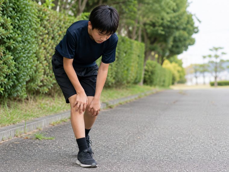 部活のランニング中に膝に手を当てる学生