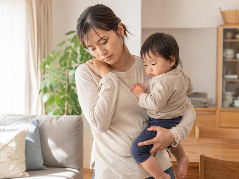 子どもを抱っこして肩と手首をかばう母親