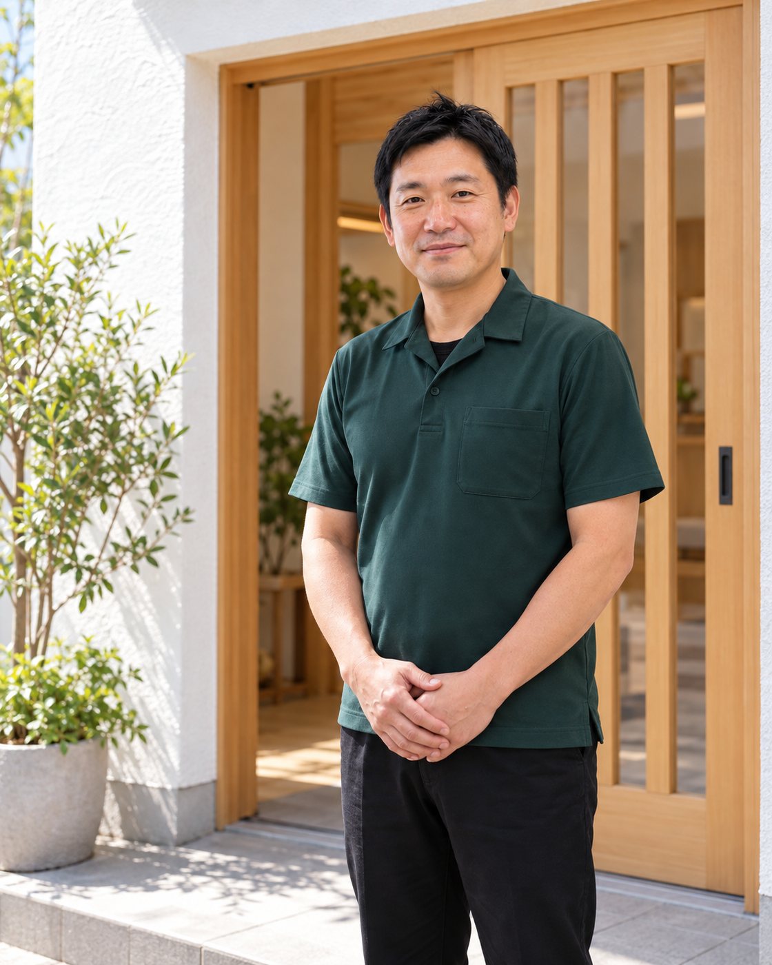 院の玄関の前に立つ院長(掲載イメージ)