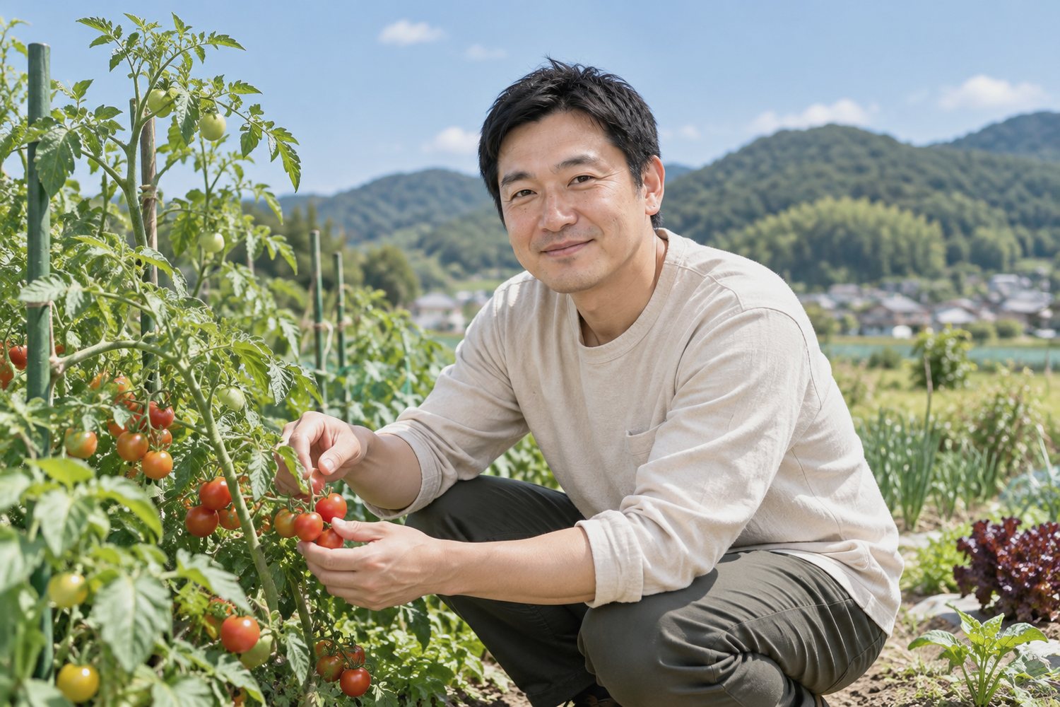 家庭菜園でトマトの手入れをする院長(掲載イメージ)
