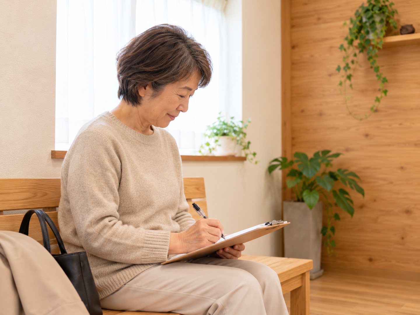 待合の長椅子で、問診票に記入する女性(掲載イメージ)