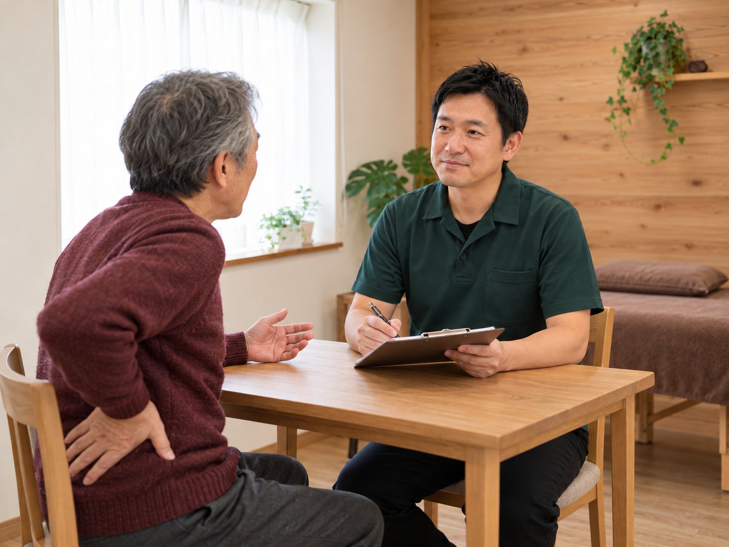 問診票を手に、腰に手を当てて話す男性のお話を伺う院長（掲載イメージ）