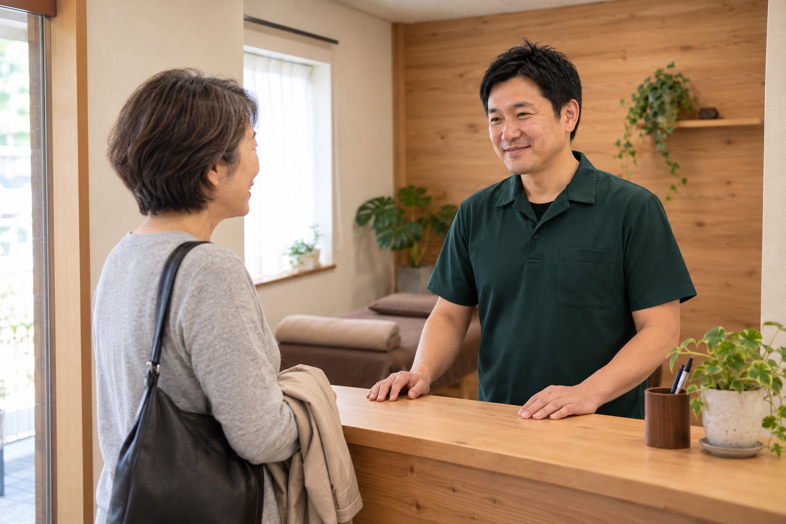 木のカウンターの受付で、来院された方を迎える院長(掲載イメージ)