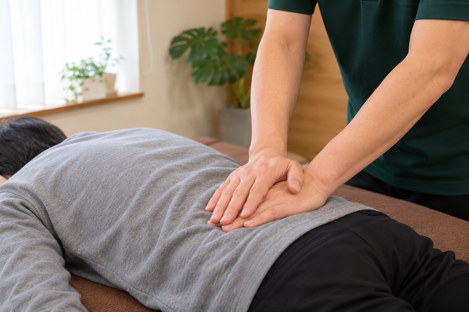 腰に手のひらを当てて、ゆっくり施術する手元(掲載イメージ)