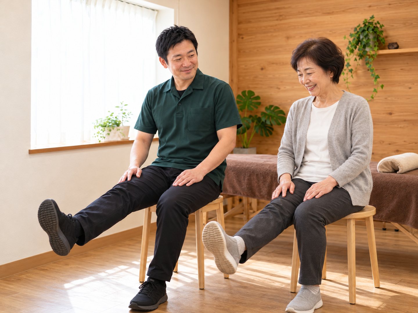 椅子に座って、膝を伸ばす体操を一緒にする院長とお客様(掲載イメージ)